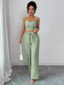 SHEIN PETITE 女款鼠尾草綠夏季休閒度假套裝，純色高腰吊帶背心與寬腿褲兩件套，舒適小碼女款褲裝套裝 - 綠色 - 查看 5