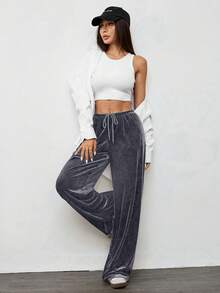 SHEIN EZwear 女士复古休闲宽松丝绒阔腿裤，灰蓝色，秋冬款 - 灰色 - 查看 5