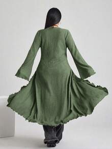 SHEIN ICON ICON 大码女式V领系带喇叭袖针织上衣 - 軍綠色 - 查看 2