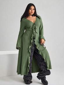 SHEIN ICON ICON 大码女式V领系带喇叭袖针织上衣 - 軍綠色 - 查看 5