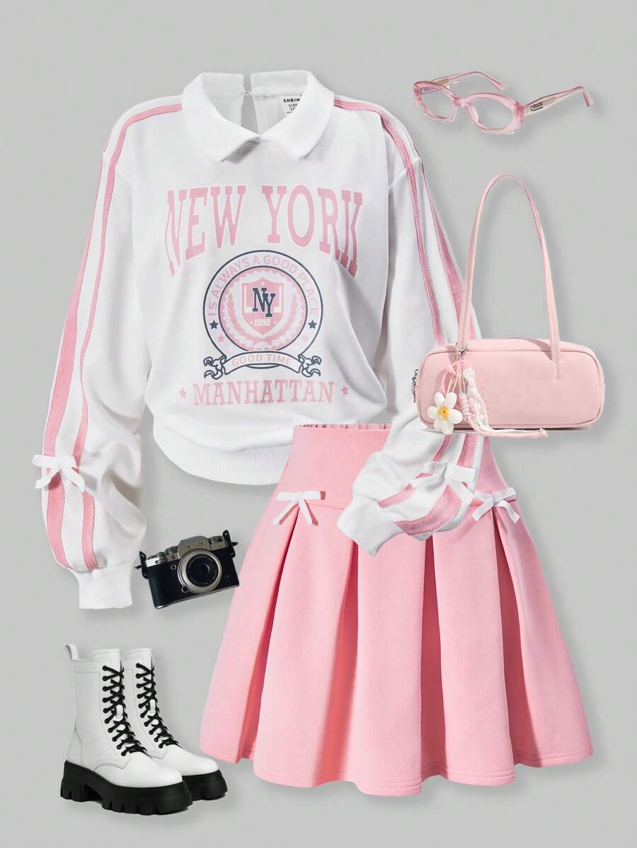 SHEIN ChillGRL Casuvi 儿童女童两件套:水滴领英式印花长袖运动衫,搭配撞色丝带和蝴蝶结装饰的时尚百褶裙,适合春秋季休闲、返校、度假穿着 - 粉色 - 查看 1