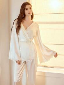 MOTF PREMIUM SATIN CONTRAST LACE BELTED ROBE & PANTS LOUNGE SET - Royal Blue - View 6