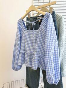 INAWLY 女士秋季新款可爱荷叶边下摆衬衫 - 淺藍色 - 查看 2