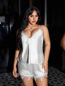 SilkySpell Plus Size White Summer Family Matching V-Neck Embroidered Patchwork Open Back Camisole & Shorts Pajama Set,Lace Satin Lingerie Sleepwear - White - View 5