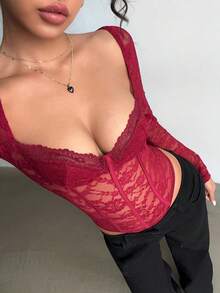 Aloruh 女士甜心领长袖花卉蕾丝性感连体衣 - 酒紅色 - 查看 4