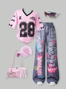 SHEIN ChillGRL Tween Girl Numeric Print V-Neck Short Sleeve Top And Graffiti Print Denim Effect Long Pants Casual Summer Outfit, School, Campus, College - Pink - View 1