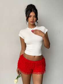 Aloruh Quần short ren trái tim siêu ngắn màu đỏ gợi cảm dễ thương lãng mạn dành cho nữ ngày lễ tình nhân cạp thấp nhiều lớp viền xếp nếp - Đỏ - Xem 7