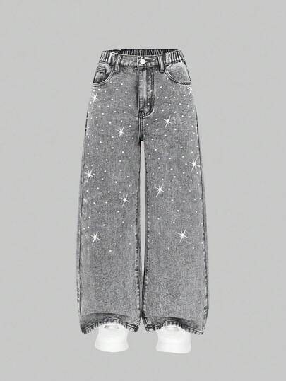 SHEIN Jeans vaqueros anchos y sueltos de mezclilla lavada con adornos de strass para niñas preadolescentes de moda informal en gris