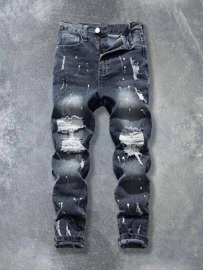 Coolqubz Tween Boys Comfortable Street Fashion Cotton Splatter Print Distressed Jeans, Solid Color Light Grey Ripped Jeans For Party And Street Wear