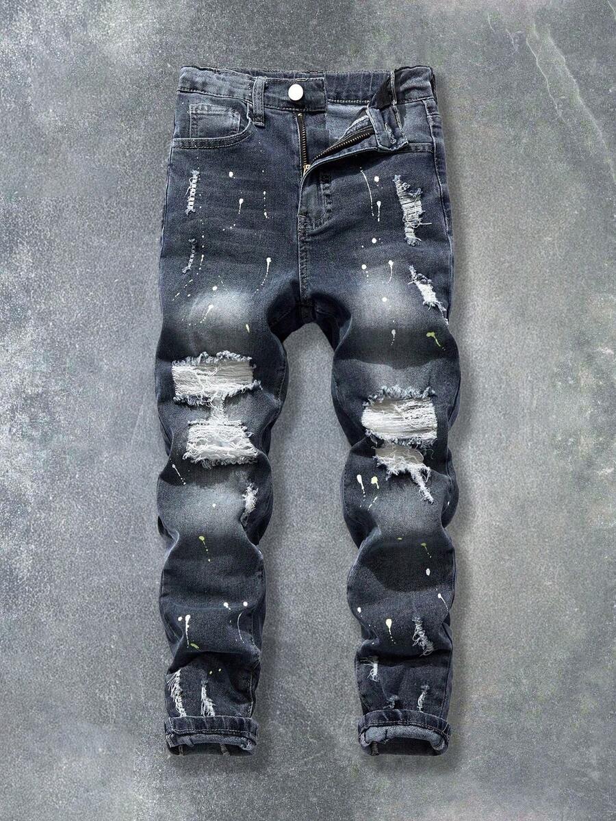 Coolqubz Tween Boys 舒适街头时尚棉质泼墨印花破洞牛仔裤，纯色浅灰色破洞牛仔裤，适合派对和街头穿着