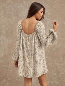 WESTFADE Robe mini ample à manches bouffantes longues, col carré, nœud papillon, imprimé floral en velours côtelé. Tenue décontractée et bohème pour l'automne, l'hiver, les concerts country, le style western pour femmes.