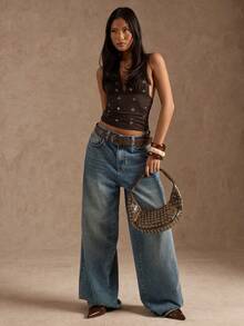 SHEIN BAE Women's Brown Bohemian Holiday Vacation Fashion Sexy Metal Studded Backless Tank Top / Brown Top / Club / Beach Top / Summer Top/Going Out Top/Spring Break Outfits/Vacation Outfits For Women/Casual Blouses For Women - Coffee Brown - View 4