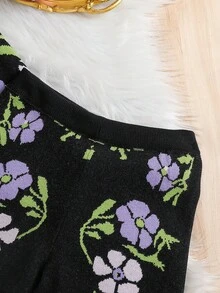 少女紫色花朵针织开衫和裤子套装，优雅百搭，时尚秋冬复古花卉提花长袖毛衣两件套，全身花卉裤装套装，女士两件套，花卉两件套，全身花卉套装，印花裤装套装，两件套花卉服装，针织花卉套装 - 黑色 - 查看 6