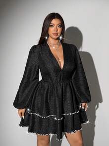 Viva Relle Đầm tay đèn lồng cổ chữ V sâu họa tiết ngọc trai sang trọng màu trơn cỡ lớn - màu đen - Xem 4