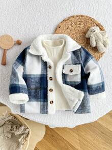 Playful Pals 1件男婴毛绒内衬复古格子领外套，蓝白加厚格子休闲拉链外套，带口袋，适合秋冬季日常穿着
