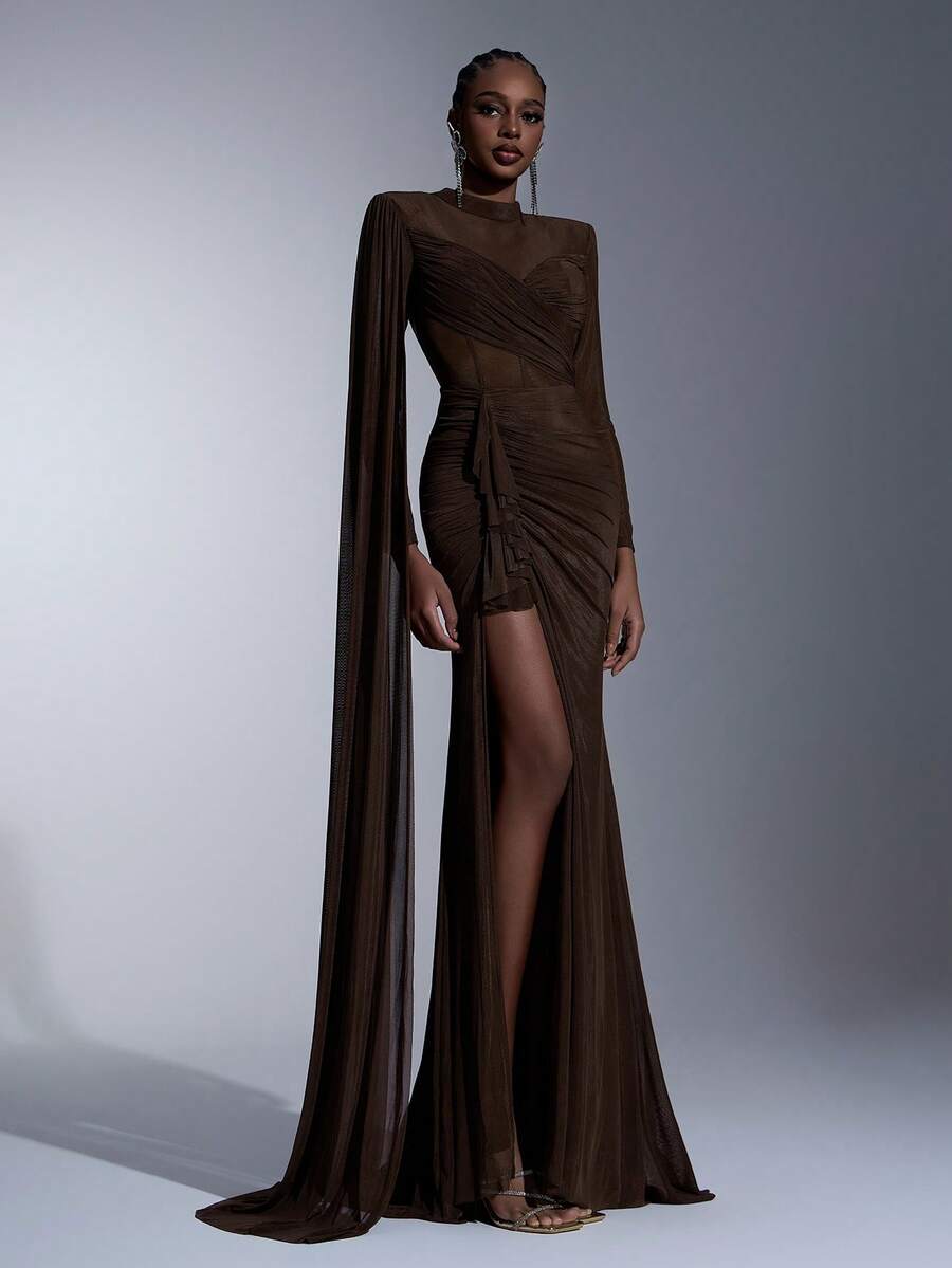 Elitara Elegant Luxurious Stretchy Mesh Sleeve Ruffle Hem Sexy Slit Fishtail Dress With Sequins, Suitable For Weddings, Events, Singles Parties, Vacations, Galas, Formal Occasions - Coffee Brown - View 1