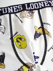 LOONEY TUNES X SHEIN Tween Boy 3pcs Cartoon Letter Print Contrast Letter Tape Waist Stitch Detail Trunks