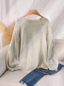 CosyJoli Plus Size Women Casual Solid Color Floral Pattern Raglan Sleeve Pullover Sweater, Autumn Pullover Sweater Women Puff Sleeve Sweater Embroidered Sweater Women Sweater Women Jumper - Apricot - View 6