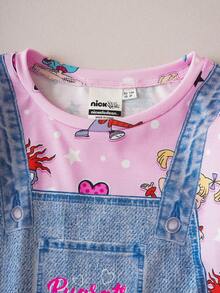Nick 90s | SHEIN Young Girl Cartoon Graphic Long Sleeve 2 In 1 Denim Effect Dress - Multicolor - View 3