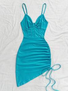 Soleia Gaun Mini Slip Rajut Merah Wanita dengan Kerah V, Pinggang Berbentuk Tulang Ikan, dan Hem Asimetris Berkerut, Cocok untuk Liburan. - Mint Blue - View 5