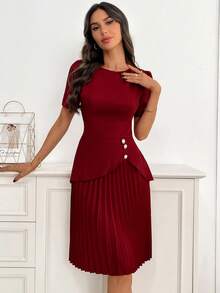 Ellevyn Váy xếp ly màu đỏ cho nữ, tay ngắn màu trơn, thiết kế bất đối xứng, khóa kim loại trang trí, thanh lịch để mặc hàng ngày và đi làm, đầu xuân - Màu Đỏ Sâu - Xem 8