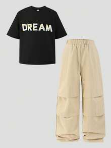 SHEIN Explorewe 男童休闲宽松套装，包含一件印有“DREAM”字母的短袖上衣和一条阔腿裤，裤腰采用松紧带设计，裤腿有层次感，适合夏季、街头、返校和日常穿着。 - 彩色 - 查看 3