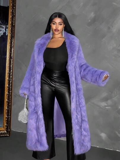 Maweii Plus Size Dam Enfärgad Slagringad Långärmad Lång Lös Fuskpälskappa