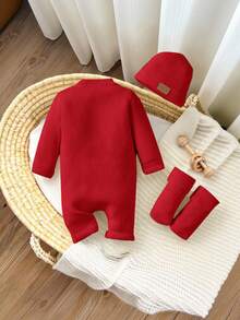 SHEIN Newborn Baby Girl Cute Knitted Jumpsuit, Footie & Hat Set, Versatile For Autumn/Winter