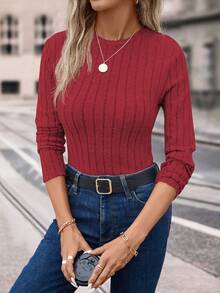 Chiquease Women's Solid Color Ribbed Crew Neck Fitted Long Sleeve T-Shirt - Red - View 6
