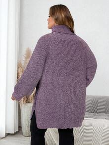 SHEIN CURVE+ 大码女式纯色高领长袖休闲宽松套头毛衣，秋冬款 - 紫色 - 查看 2