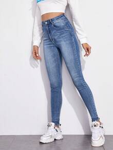 SHEIN Essnce Zipper Fly High Waist Skinny Jeans - Medium Wash - View 3