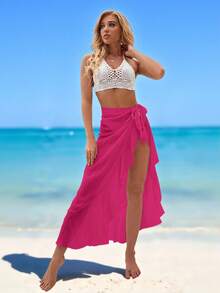 Swim Vcay Solid Color Ruffle Hem Slit Up To Thigh Skirt Coverup - Hot Pink - View 6