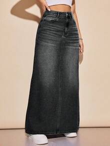 SHEIN Privé Damkjol med hög midja och fickor, extra lång A-linjeformad denimkjol - Svart - Visa 4