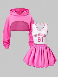 SHEIN ChillGRL 3 件套青少年女孩休闲连帽衫、图案背心和花卉印花泡泡裙套装，适合日常穿着、返校、春夏秋套装、秋装 - 粉色 - 查看 7