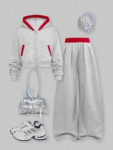 SHEIN Explorewe 2 件套 Tween Girls ME 宽松休闲基本款拼色设计口袋短款长袖夹克搭配褶皱腰拼色阔腿裤套装，适合日常、通勤、休闲、度假、聚会、街头风格 - 灰色 - 查看 1