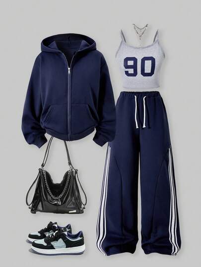 SHEIN ChillGRL 少女运动服，时尚休闲百搭，灰色胸前印花吊带背心，海军蓝拉链长袖运动衫，抽绳腰部侧条纹运动裤，适合秋冬外出和通勤