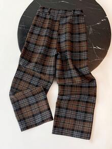 Franclia Nowe stylowe, luźne, wełniane spodnie w kratę z szerokimi nogawkami dla kobiet - Kolor khaki - Zobacz 2