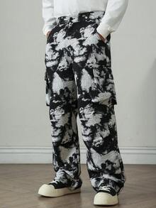HUEFORM Men's Casual Fashion Street All-Over Print Flap Pocket Cargo Pants - Black and White - View 7