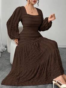 Modelyn Plus Size Women Knitted Long Sleeve Split Square Neck Frill Trim Dress - Coffee Brown - View 7
