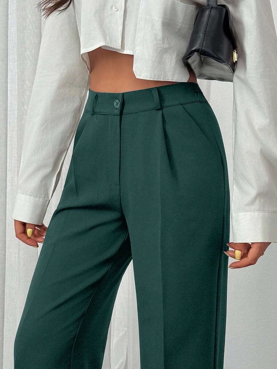 EURMUSE 经典系带细节长裤，高腰设计，前褶，商务正装，直筒剪裁，职业装，修身剪裁，办公室时尚，正式裤装，休闲商务风，线条简洁，传统风格，职场必备单品，优质面料，精致外观，企业服饰，现代廓形，商务正装 - 墨綠色 - 查看 1
