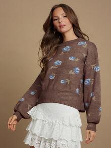 WESTFADE Áo len dệt kim cổ tròn tay phồng họa tiết hoa Jacquard - Cà phê nâu - Xem 3