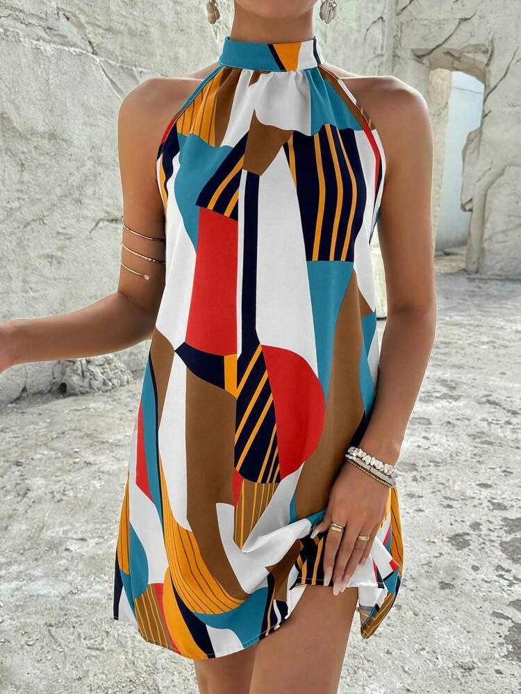 EMERY ROSE Geometric Printed Halter Neck Dress Vacation Beach Outfits Women Graphic Dress Geometric Print Dress - Yellow - View 5