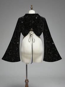 ROMWE Goth 大码哥特式星月亮片羊毛装饰短款优雅闪亮外套，适合秋季穿着；大码女式秋冬黑色连帽短款长袖卫衣；大码黑色连帽卫衣，适合秋冬穿着；哥特风短款上衣，适合圣诞节穿着。 - 黑色 - 查看 7