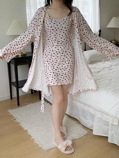 2件套少女罗纹印花蕾丝边睡袍睡裙套装，舒适家居服