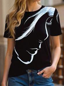 抽象印花圆领 T 恤，春夏季休闲短袖上衣，女士服装