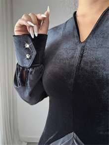 Elenzga Váy Maxi đuôi cá dài tay cổ chữ V bằng nhung thanh lịch màu đen cổ điển dành cho nữ, thích hợp cho các buổi tụ họp, tiệc tùng và dạ hội vào mùa thu/đông - màu đen - Xem 5