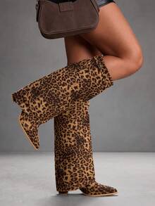 CUCCOO SZL Women's Pointed Toe Leopard Print Fashionable Everyday Versatile High Heel Knee-High Boots For Christmas - Camel - View 5