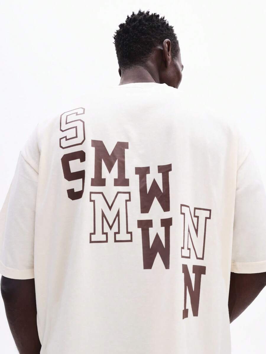 SUMWON Áo thun cotton cổ tròn tay ngắn dáng ôm vừa vặn dành cho nam, in logo toàn bộ lưng, thường ngày mùa hè - Màu be - Xem 1