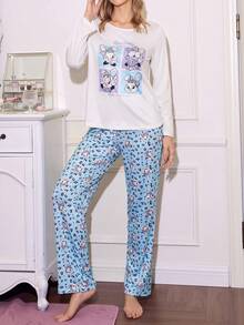 Cute Cartoon Rabbit & Leopard Print Pattern Women Pajama Set, Winter Clothes - Multicolor - View 3