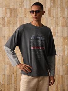 SWAVVY 男士针织休闲宽松字母图案拼色都市长袖T恤，英文图案印花拼接设计，开学季，夏季 - 黑色 - 查看 5